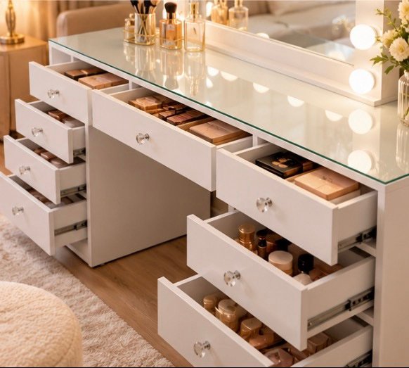 White Makeup Vanity Set with LED Hollywood Mirror & Glass Top - Image 3