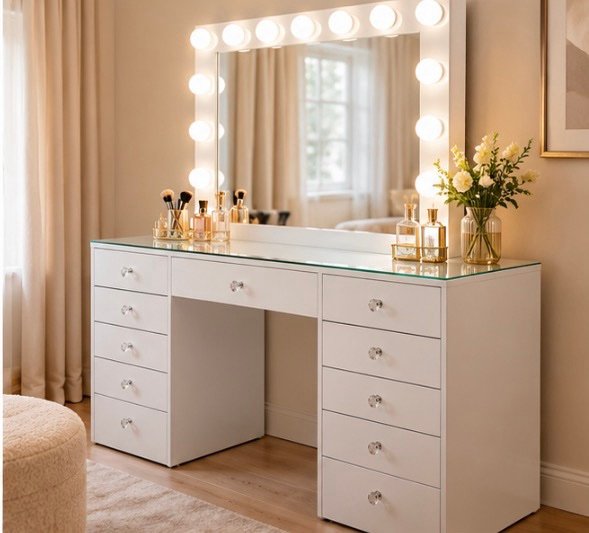 White Makeup Vanity Set with LED Hollywood Mirror & Glass Top — wholesale furniture for dealers