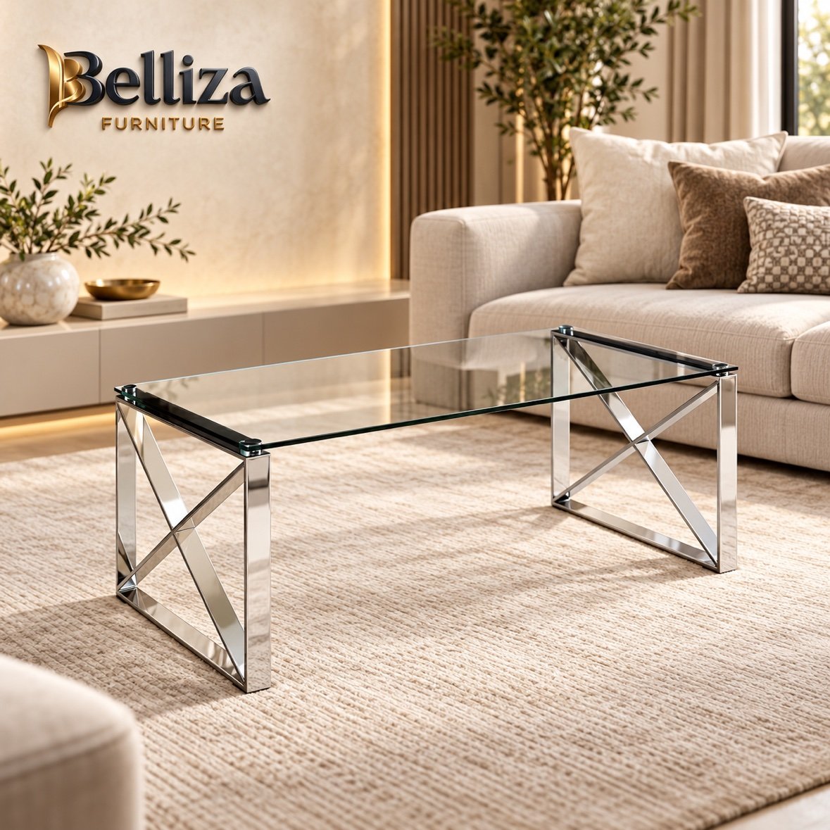 Belliza 47″ Chrome X-Base Glass Coffee Table — wholesale furniture for dealers