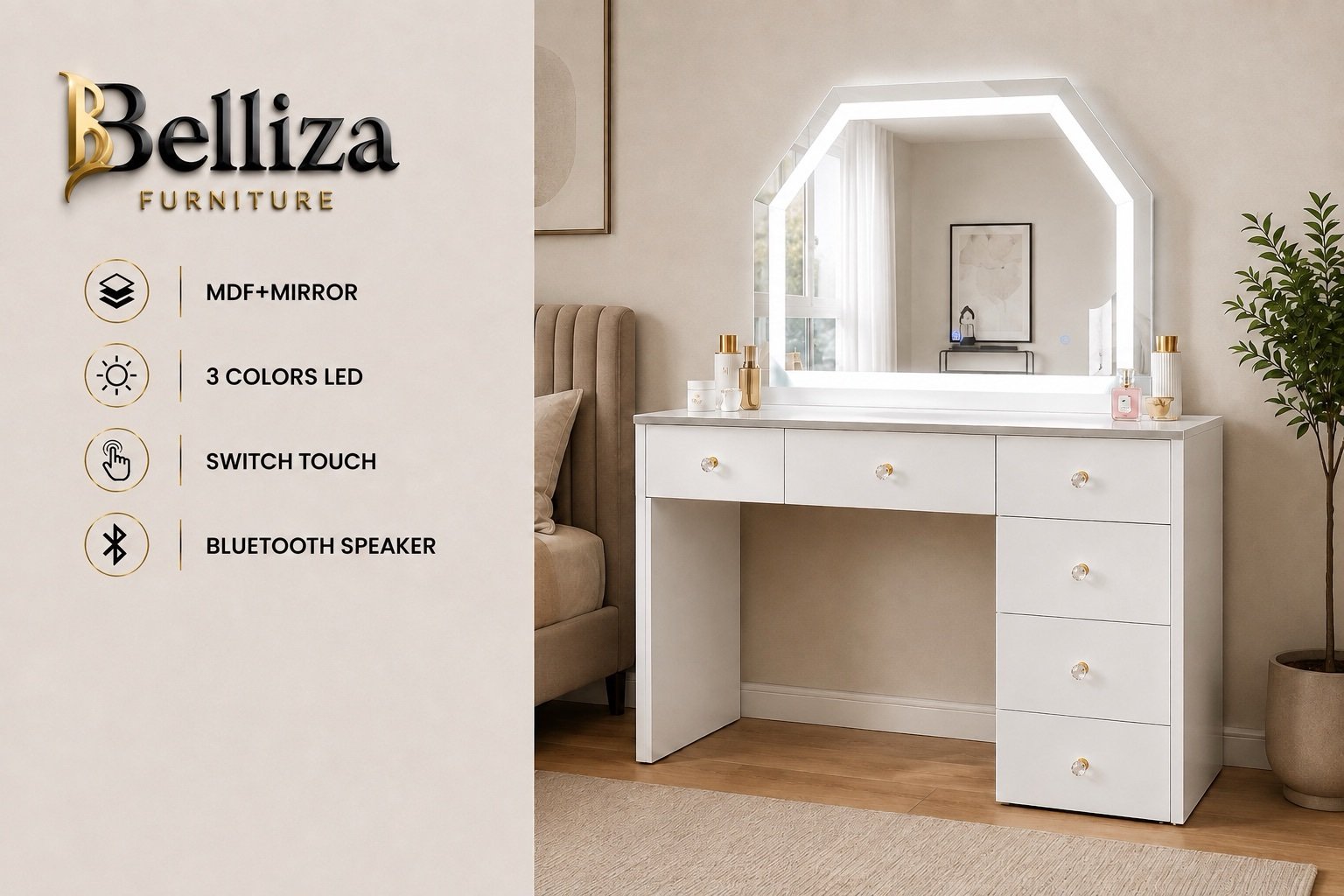 Modern White LED Vanity Set with Bluetooth Speaker & Storage - Image 4