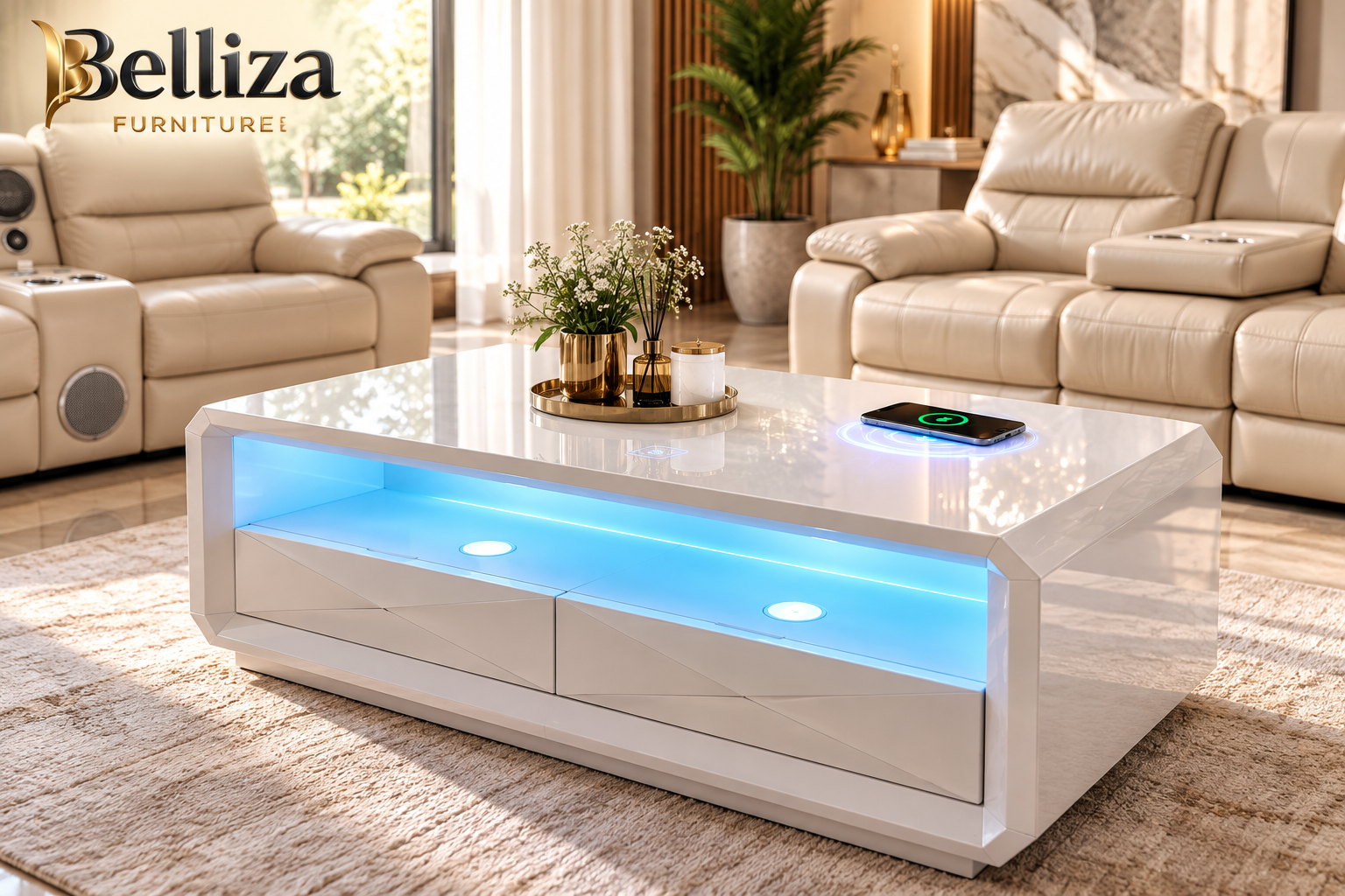 Belliza Smart LED Coffee Table with Wireless Charger & Bluetooth Speaker - Image 2
