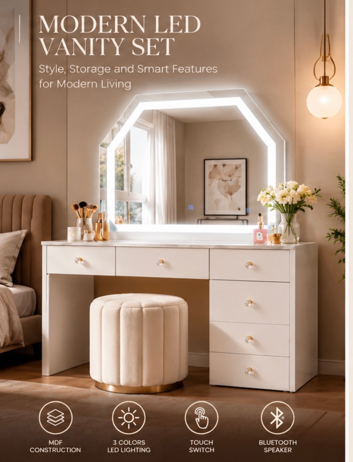 Modern White LED Vanity Set with Bluetooth Speaker & Storage - Image 2