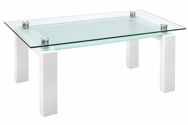 Belliza 61 inch modern glass dining table with white block legs and chrome mounts on white background