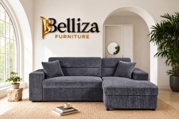 Belliza Grey Corduroy Sectional Sofa Bed with Chaise